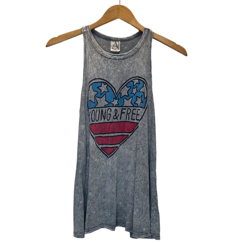 Young & Free Retro Graphic Tank Top Size XSmall Gray T-Shirt Racerback Summer